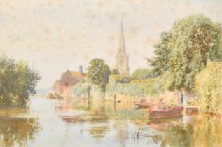 Early 20th Century English School. A River Scene with Figures by Boats and a Church Spire in the