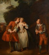 Manner of Jean-Antoine Watteau (1684-1721) French. A Courting Couple, Oil on canvas, 25.5" x 21.