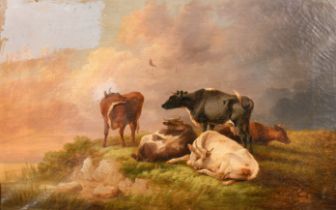 Attributed to Thomas Sidney Cooper (1803-1902) British. Cattle on a Riverbank, Oil on canvas, 15"