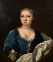 Circle of Michael Dahl (1656-1743) British. Half Length Portrait of a Lady Dressed in Blue, Oil on