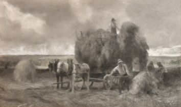 Julien Dupre (1851-1910) French. A Harvesting Scene, Chalk, Signed, 13.75" x 23.25" (35 x 59cm)