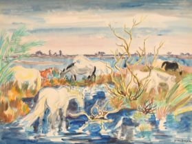 Yves Brayer (1907-1990) French. "Chevaux a L'Etang Bleu, Camargue", Watercolour and pencil,