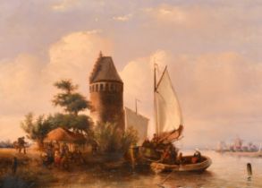 19th Century Dutch School. A Dutch Canal Scene with Figures, Oil on panel, 15" x 19.75" (38.1 x 50.