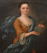 18th Century English School. A Half Length Portrait of a Lady holding a Bunch of Grapes, Oil on