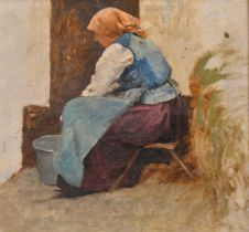 19th Century French School. A Washerwoman, Oil on panel, 9" x 10" (22.8 x 25.4cm)