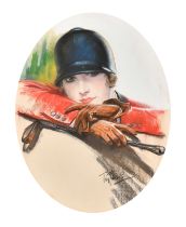 Tom G Purvis (1888-1959) British. "Huntswoman", Chalk, Signed, Oval 20.5" x 16.25" (52.1 x 41.