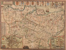 John Speed (1551-1629) British. "Kent, Her Cities and Earles", Map, 15" x 20" (38.1 x 50.8cm)
