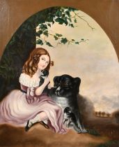 19th Century English School. A Primitive Portrait of a Girl with her Dog and Puppies, Oil on canvas,