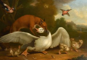 Circle of Pieter Casteels (1684-1749) Flemish. "Fox and Goose", Oil on canvas, 32.25" x 51" (81.9