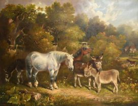 Edward Tolley (fl.1848-1875) British. Horses and Donkeys by the Water's Edge, Oil on canvas,