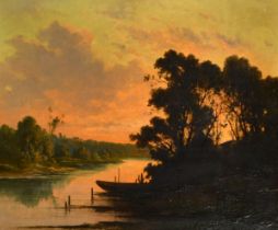 R T Stuart (19th-20th Century) European. A River at Dusk, Oil on canvas, Signed, 21" x 25.75" (53.