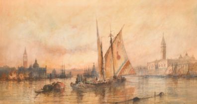 Paul Marny (1829-1914) British. Dusk on The Lagoon, Venice, Watercolour, Signed, 19.5" x 35.5" (59.7