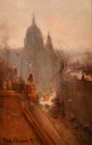 George Hyde-Pownall (1866-1939) British. "Above the Smoke (Ludgate Hill)", Oil on board, Signed, and