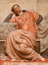 Studio of Albert Joseph Moore (1841-1893) British. "Reading Aloud", a detail, Oil on canvas, 12" x