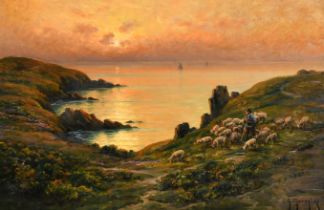 George Philibert Charles Maroniez (1865-1933) French. A Shepherd and Flock on the Coast at Sunset,