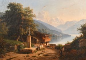 Raymond Noel Esbrat (1809-1856) French. A Swiss Alpine Scene with Figures by a Chalet, Oil on