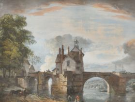 Paul Sandby (1731-1809) British. Figures Crossing an Old Stone Bridge, Watercolour and gouache,