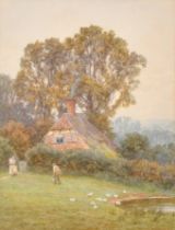 Helen Allingham (1848-1926) British. 'Cottage Scene' with figures, Watercolour, Signed, and