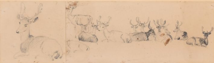Peter De Wint (1784-1849) British. 'Studies of Deer', Pencil on joined paper, inscribed on a plaque,