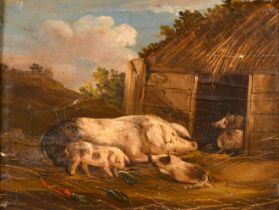 After George Morland (1763-1804) British. A Pig and Piglets in a Sty, Oil on panel, 7.5" x 10" (19 x