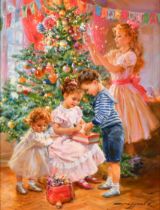 Konstantin Razumov (1974- ) Russian. “Decoration of the Christmas Tree”, with young children, Oil on