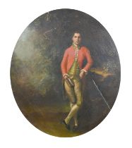 Circle of Arthur Devis (1712-1787) British. An Elegant Gentleman standing in a Garden, Oil on panel,