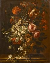 J van der Rut (17th-18th Century) Dutch. Still Life of Flowers in a Silver Urn, Oil on canvas,