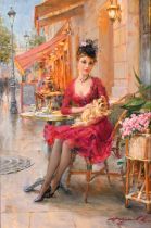 Konstantin Razumov (1974- ) Russian. "Girl with a Dog in a Parisian Cafe", Oil on canvas, Signed
