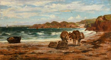 Colin Hunter (1841-1904) British. A Beach Scene with Donkeys and Fishing Baskets, Oil on canvas,
