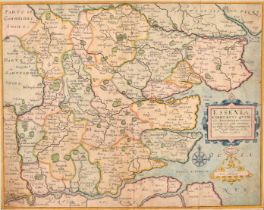 Christopher Saxton (1540-1610) British. "Essexia Comitatvs Qvem", Hand coloured map, Mounted,