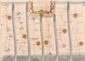 John Ogilby (1600-1676) British. "The Road from London to Chichester", Hand coloured map, Mounted,