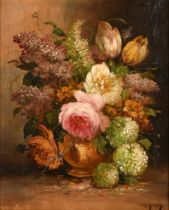 M Janine (19th-20th Century) European. Still Life of Flowers in a Vase, Oil on canvas,