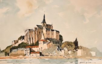 Edward Wesson (1910-1983) British. 'Mont St Michel', Watercolour, Signed, 12.5" x 19.75" (31.8 x