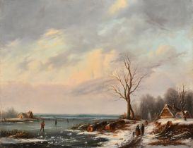 C Bourne (19th Century) Dutch. A Winter Landscape with Figures Skating, Oil on panel, Signed and