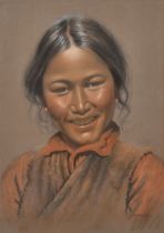 Goray Douglas (1920-1976) Indian. Bust Portrait of a Young Girl, Pastel and chalk, Signed, 14" x 9.