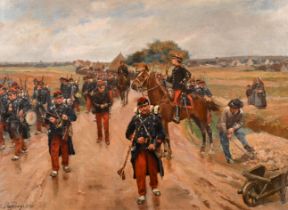 Henri Louis Dupray (1841-1909) French. Marching Soldiers, Oil on canvas, Signed, 13" x 17.75" (33