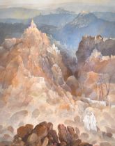 20th Century Indian School. Figures in a Mountainous Landscape, Watercolour, Indistinctly signed,