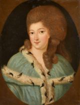 Late 18th Century English School. Bust Portrait of a Lady, Oil on canvas, Painted oval, 16" x 12.75"