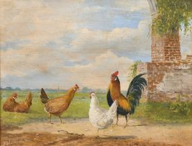Attributed to Albertus Verhoesen (1806-1881) Dutch. Chickens in a Yard, Oil on panel, Signed and