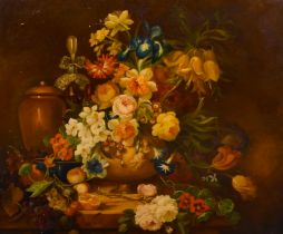 19th Century English School. A Still Life of Flowers in an Urn, Oil on canvas, Unframed 25" x 30" (
