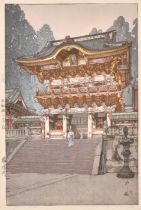 Hiroshi Yoshida (1876-1950) Japanese. "Yomei Gate", Woodcut, with stamp and Jizuri Seal, Signed