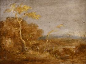 Circle of John Constable (1776-1837) British. A Windswept Landscape, Oil on board, 6" x 7.75" (15.