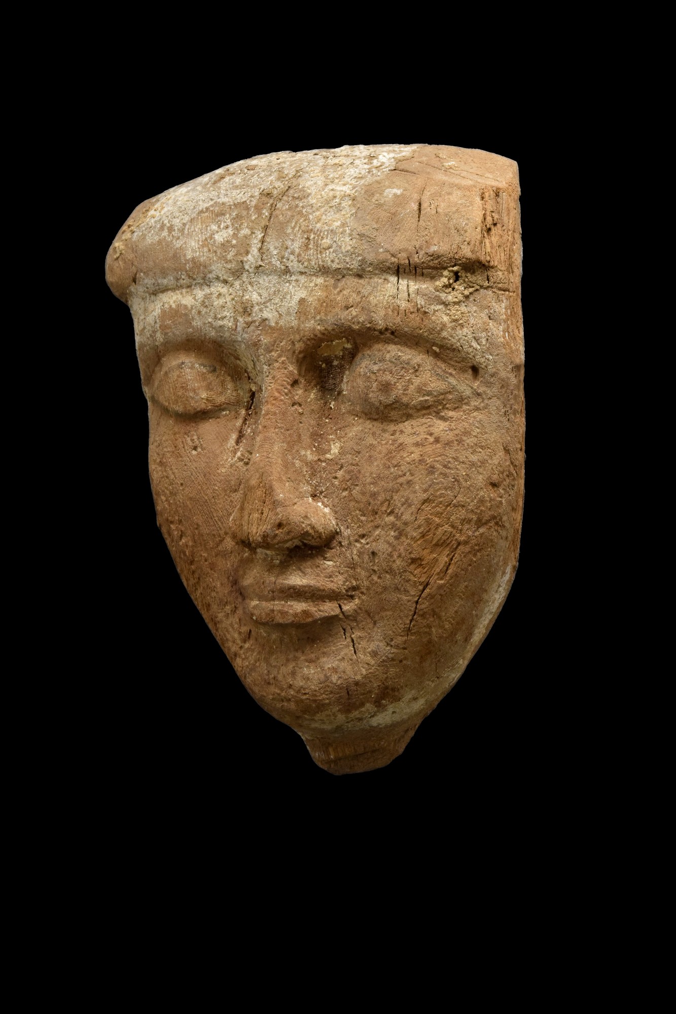 AN ANCIENT EGYPTIAN WOOD SARCOPHAGUS MUMMY MASK - Image 2 of 5