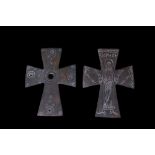 BYZANTINE BRONZE RELIQUARY CROSS WITH ST GEORGE