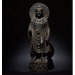 LARGE GANDHARAN SCHIST STANDING BUDDHA WITH HALO
