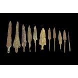 ANCIENT GROUP OF 11 BRONZE SPEARHEADS