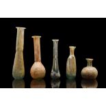 ANCIENT ROMAN GLASS COLLECTION OF FIVE FLASKS