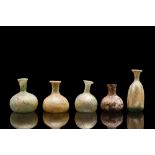 ANCIENT ROMAN GLASS COLLECTION OF FIVE FLASKS