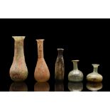 ANCIENT ROMAN GLASS COLLECTION OF FIVE FLASKS