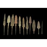 ANCIENT GROUP OF 10 BRONZE SPEARHEADS